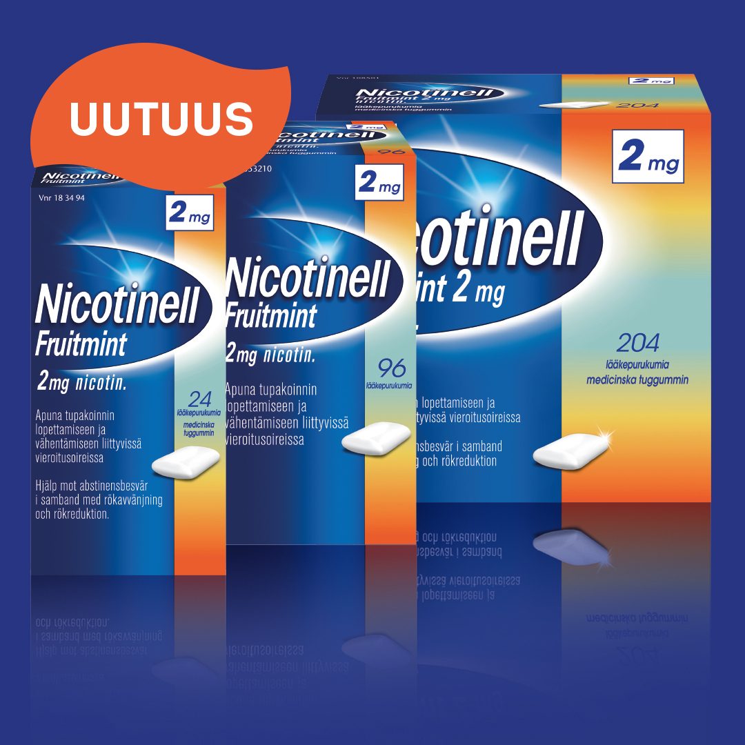 Uutuus: Nicotinell Fruitmint 2 mg -lääkepurukumipakkaukset, 24, 96 ja 204 purukumia.