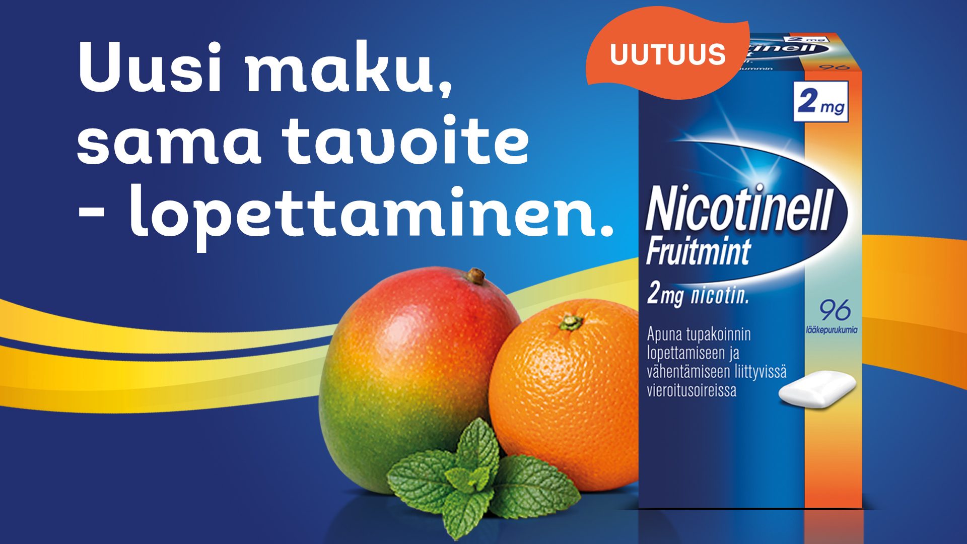 Uutuus: Nicotinell Fruitmint 2 mg -lääkepurukumipakkaus, mango, appelsiini ja mintunlehtiä.